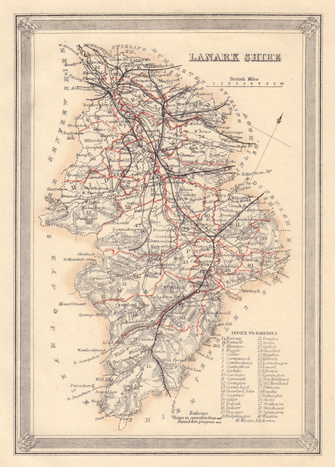 Decorative antique county map of Lanarkshire, Scotland. FULLARTON 1866 old